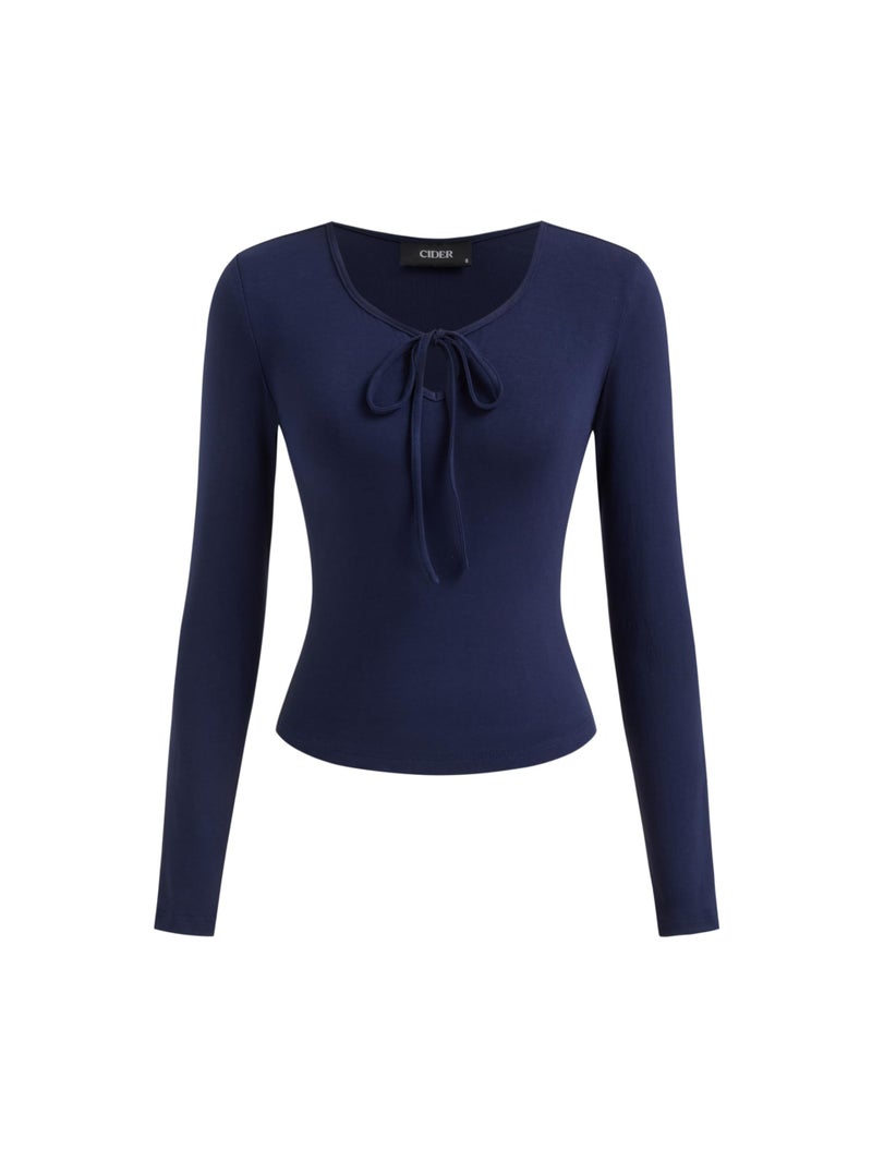 CIDER Women's Long Sleeve Tie Front Top Slim Fit Dark Navy - Image 1