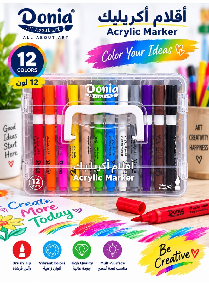 Donia 12 Color Acrylic Marker Set with brush tips, vibrant colors, and a convenient storage case. - Image 1
