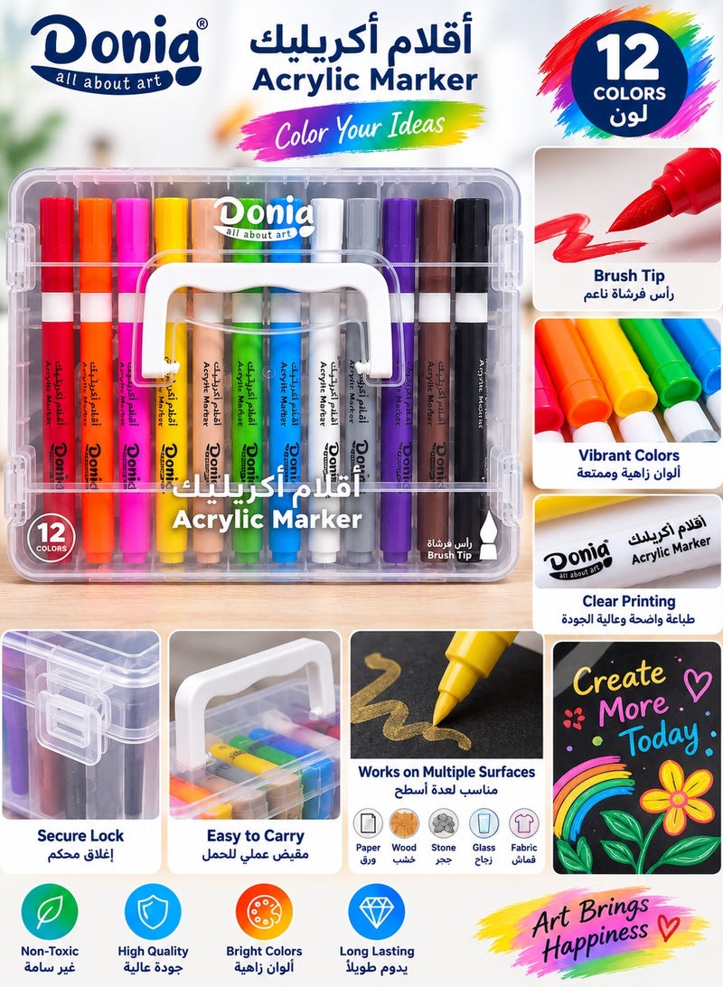 Donia 12 Color Acrylic Marker Set with brush tips, vibrant colors, and a convenient storage case. - Image 2