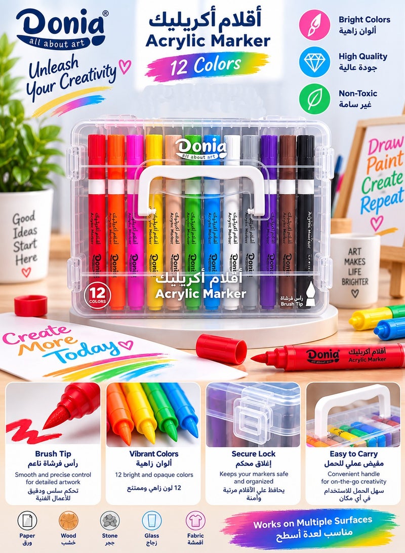 Donia 12 Color Acrylic Marker Set with brush tips, vibrant colors, and a convenient storage case. - Image 3