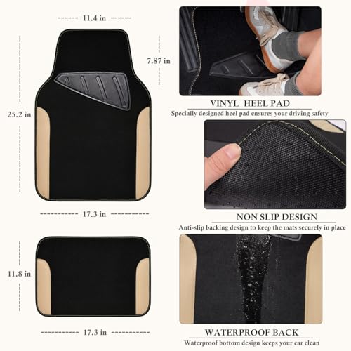 CAR PASS Waterproof Car Floor Mat Universal Fit Car Mats with Driver Heel Pad Leather Car Carpet AntiSlip Nibbed Backing Floor Mats for SUV VansSedanTruck Automotive Floor Mats Black Beige - Image 3