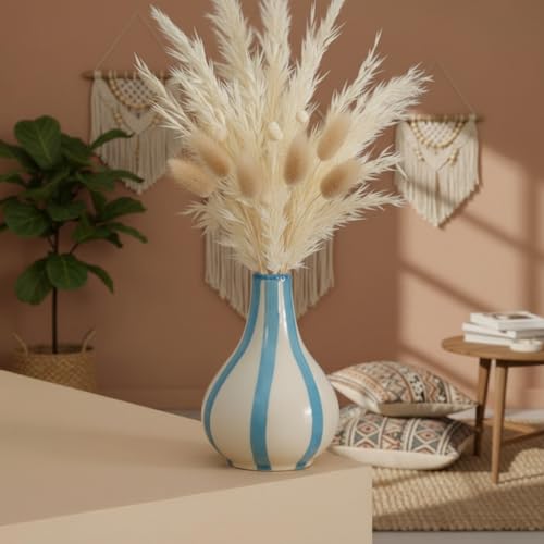 PUREZENTO Blue & White Striped 'Tulip Bud' Ceramic Vase 6 Inch (Pack of 1) | Unique Modern Bud Vase for Dried Flowers & Pampas Grass | Vases for Modern Home Decor, Living Room & Office Decor Ideas - Image 2