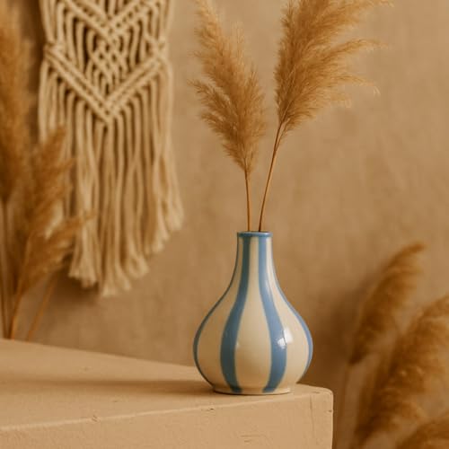 PUREZENTO Blue & White Striped 'Tulip Bud' Ceramic Vase 6 Inch (Pack of 1) | Unique Modern Bud Vase for Dried Flowers & Pampas Grass | Vases for Modern Home Decor, Living Room & Office Decor Ideas - Image 1
