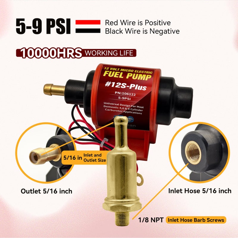 ENGINEMAN Universal 12 Volt Electric Fuel Pump 5-9 PSI, 35GPH, Super 12S Plus for Gasoline Diesel Engines - Image 3