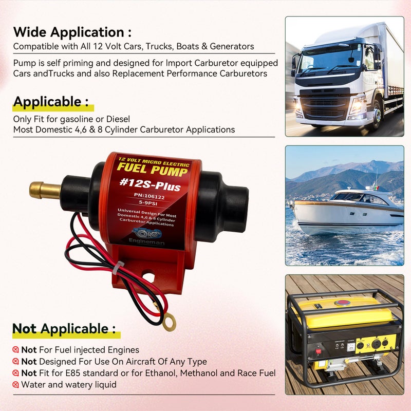 ENGINEMAN Universal 12 Volt Electric Fuel Pump 5-9 PSI, 35GPH, Super 12S Plus for Gasoline Diesel Engines - Image 2