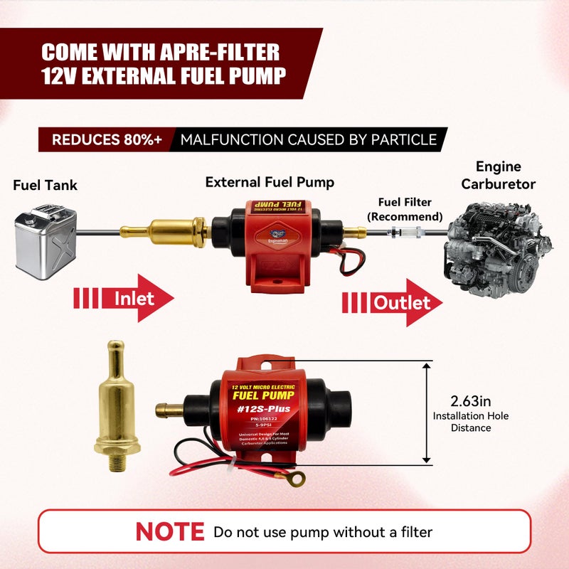 ENGINEMAN Universal 12 Volt Electric Fuel Pump 5-9 PSI, 35GPH, Super 12S Plus for Gasoline Diesel Engines - Image 4