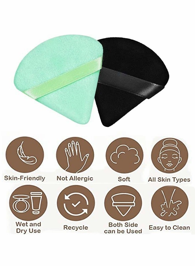 Soft and Reusable Triangle Powder Puff Set - 10Pcs Dry/Wet Velour Puffs for Loose Powder, Foundation, Cream Blush - Green & Black Makeup Pads - Image 3