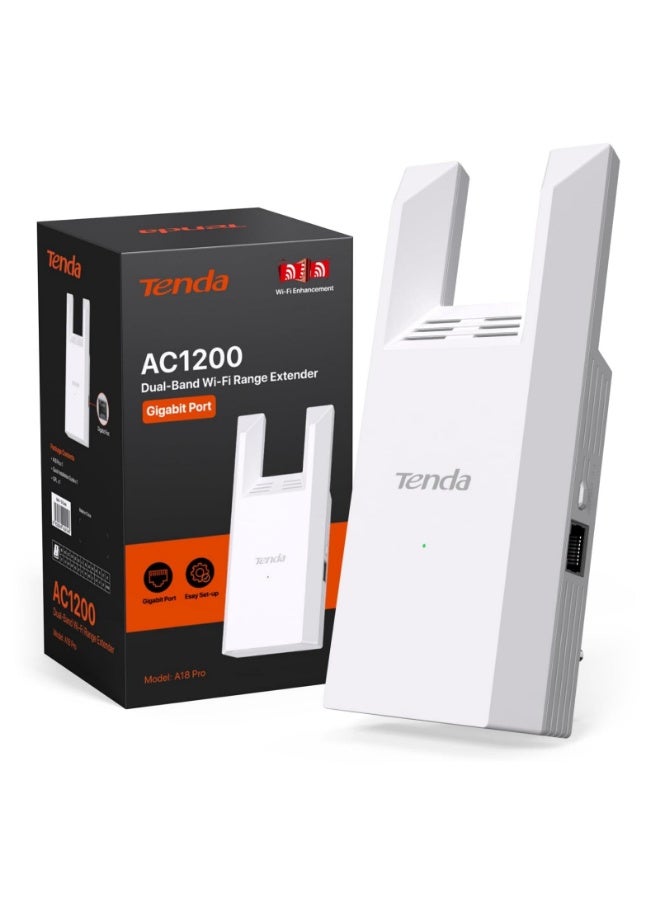 Tenda A18 Pro WiFi Repeater Dual Band AC1200 Mbps, Extender and Access Point Functionality 5GHz/2.4GHz with Gigabit LAN Port, LED Smart Signal, WPS Button, WPA2 Security, App Control white - Image 1