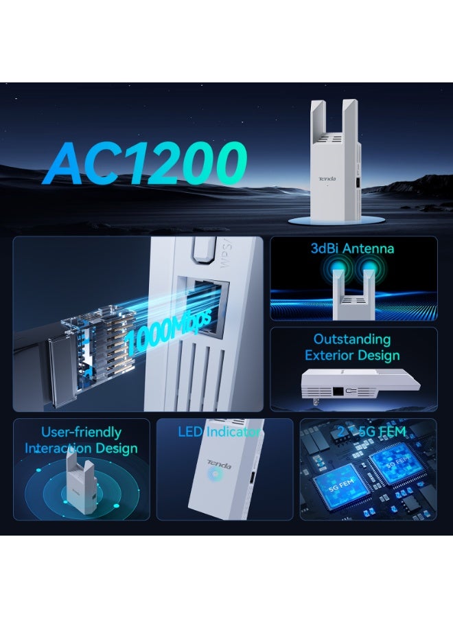Tenda A18 Pro WiFi Repeater Dual Band AC1200 Mbps, Extender and Access Point Functionality 5GHz/2.4GHz with Gigabit LAN Port, LED Smart Signal, WPS Button, WPA2 Security, App Control white - Image 2