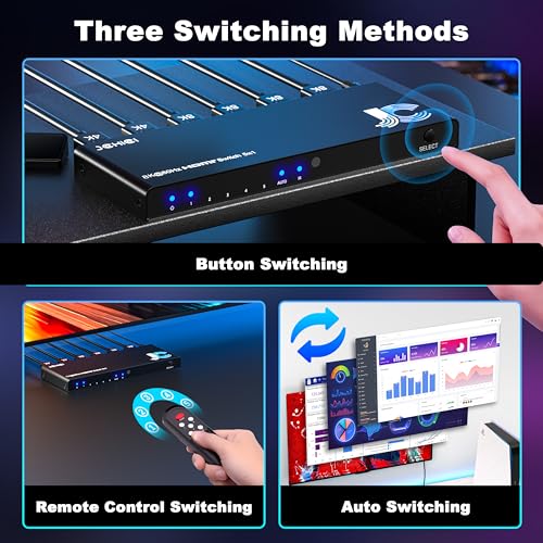 JCHICI HDMI Switch 5 in 1 Out 8K@60Hz 4K@120Hz - HDMI 2.1 Switcher Splitter with Remote, Auto-Switching - Supports HDCP 2.3, HDR10, Dolby Vision, 3D, VRR - Compatible with PS5/Xbox/PC/Blu-ray Player - Image 4