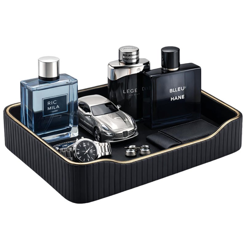 KINGFOM Prefume Tray, PU Leather Valet Tray Nightstand Organizer Perfume Trays for Men Women, Table Centerpieces Decorative Vanity Trays, Desk Organizer Tray for Key Jewelry Cosmetics (Black) - Image 1