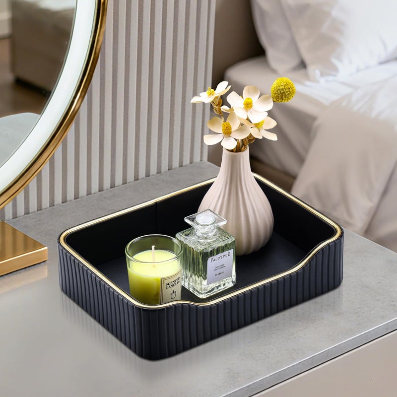 KINGFOM Prefume Tray, PU Leather Valet Tray Nightstand Organizer Perfume Trays for Men Women, Table Centerpieces Decorative Vanity Trays, Desk Organizer Tray for Key Jewelry Cosmetics (Black) - Image 2