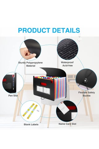 File Folder, 25 Pockets Expanding File Folder with Blank Labels, According File Organizer with Expandable Cover, Desktop Accordion Folders Letter A4 Paper Document Storage Organizer for Home Office School Supplies - view 2