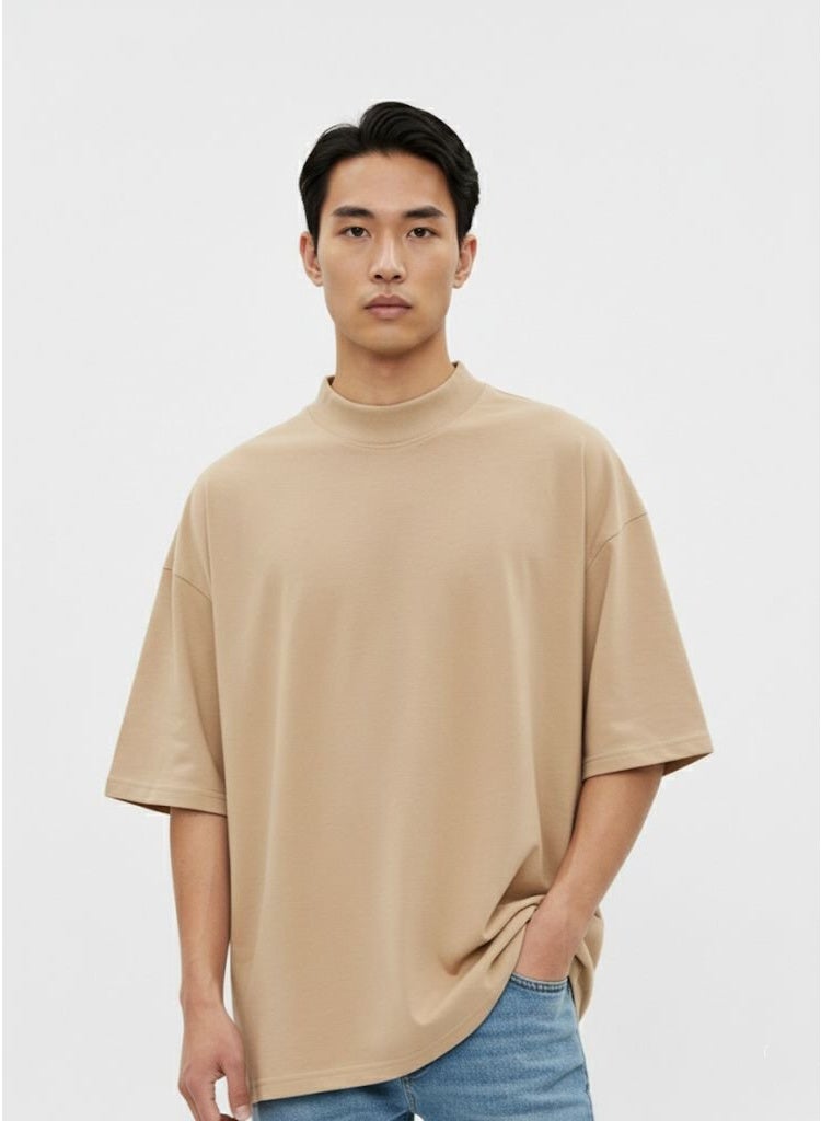 boohooman Oversized Beige T-Shirt for Men – 100% Cotton, Loose Fit Casual Round Neck Tee - Image 1