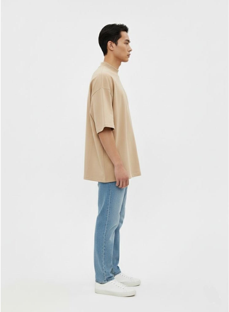 boohooman Oversized Beige T-Shirt for Men – 100% Cotton, Loose Fit Casual Round Neck Tee - Image 3