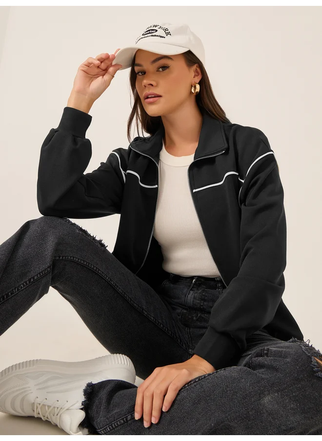 ستايلي Styli Contrast Trim Regular Fit Regular Length Bomber Jacket