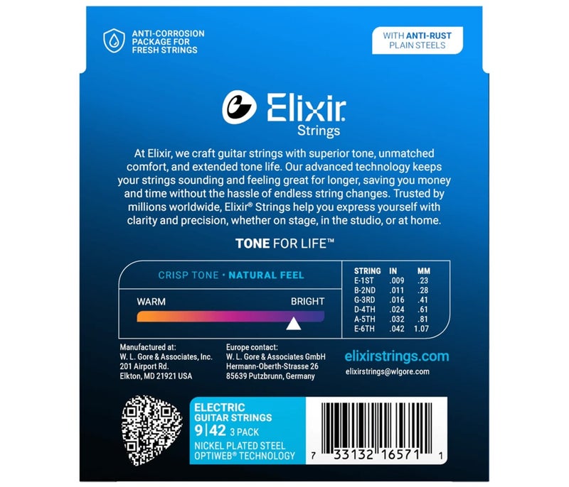 ELIXIR أوتار إليكسير 19002 أوبتيويب لأوتار الجيتار الكهربائي سوبر لايت - .009-.042 (3 عبوة) - Image 1
