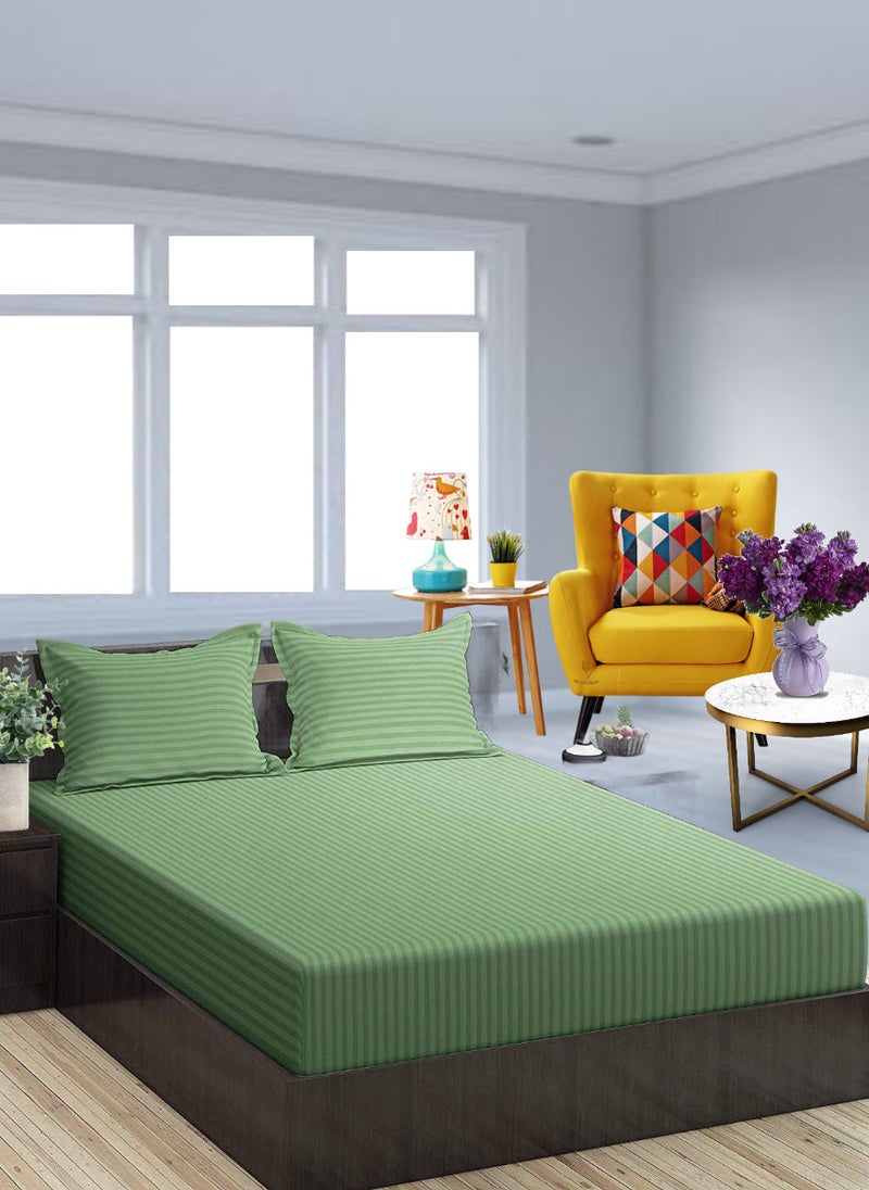 Blueberry Faded Green Striped Queen Size Sheet Set Deep Pockets Machine Washable 180x200+25cm  - Image 1