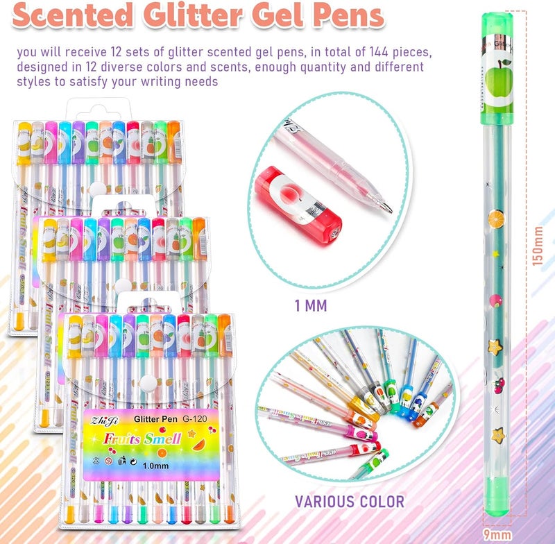 Teling أقلام جل لامعة معطرة 144 قطعة متعددة الألوان ممتعة ولطيفة لأقلام الفاكهة للأطفال لمستلزمات الفنون والحرف المدرسية هدية - Image 3