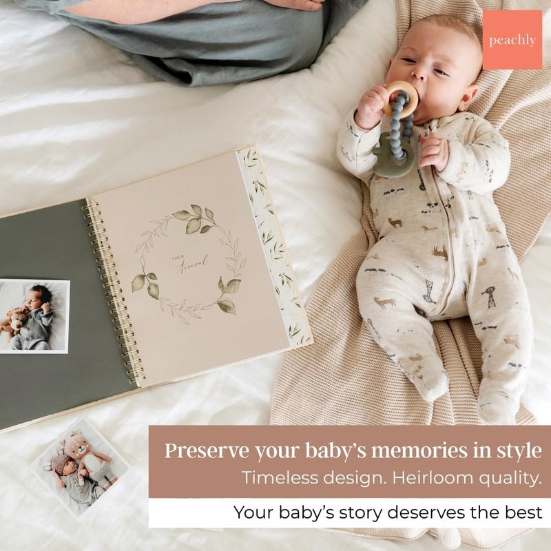 Peachly Unisex Baby Memory Book | Minimalist Baby First Year Keepsake for Milestones | Baby Books First Year Memory Book | Simple Baby Scrapbook for Boy Girl Milestones | Natural Linen - Olive - Image 3