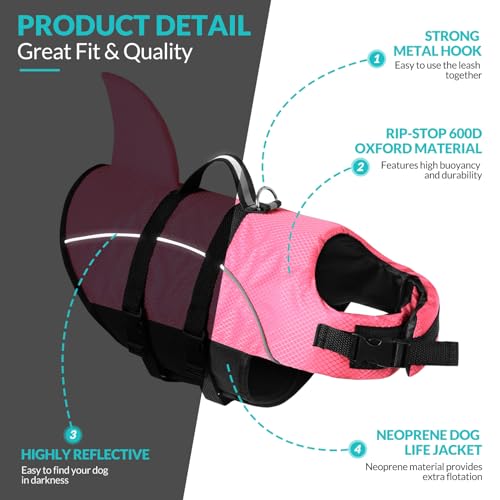 Queenmore Small Dog Life JacketShark Dog Life Vest for SwimmingPuppy Light Life Preserver for Boating kayaking CanoeingPet Reflective Lifesaver with High BuoyancyRescue HandleLeash Hook PinkXS - Image 3
