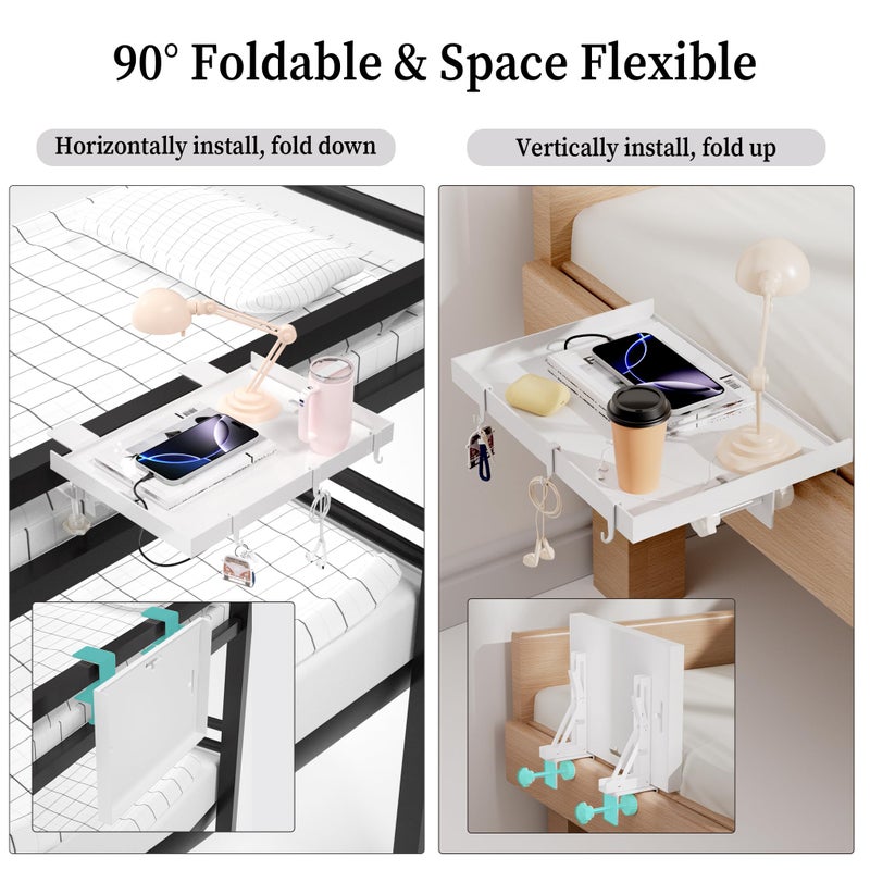 Edudif Foldable Bedside Shelf, Metal Clip-On Bed Tray Table for Bunk Bed & Dorm Beds, Dorm Room Essentials Organizer for College Students, Floating Tray, Space Saving Nightstand for Loft Beds (White, Small) - Image 3