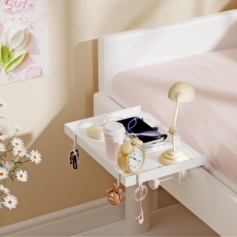 Edudif Foldable Bedside Shelf, Metal Clip-On Bed Tray Table for Bunk Bed & Dorm Beds, Dorm Room Essentials Organizer for College Students, Floating Tray, Space Saving Nightstand for Loft Beds (White, Small) - Image 2