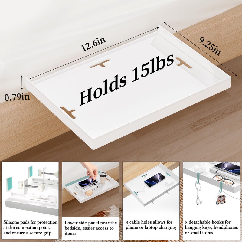 Edudif Foldable Bedside Shelf, Metal Clip-On Bed Tray Table for Bunk Bed & Dorm Beds, Dorm Room Essentials Organizer for College Students, Floating Tray, Space Saving Nightstand for Loft Beds (White, Small) - Image 5