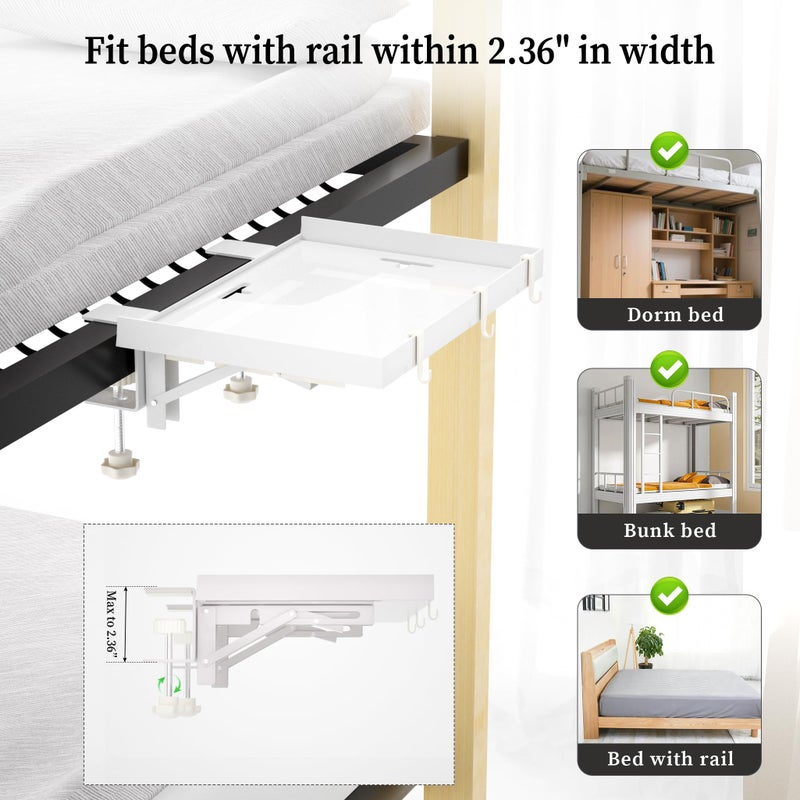 Edudif Foldable Bedside Shelf, Metal Clip-On Bed Tray Table for Bunk Bed & Dorm Beds, Dorm Room Essentials Organizer for College Students, Floating Tray, Space Saving Nightstand for Loft Beds (White, Small) - Image 4