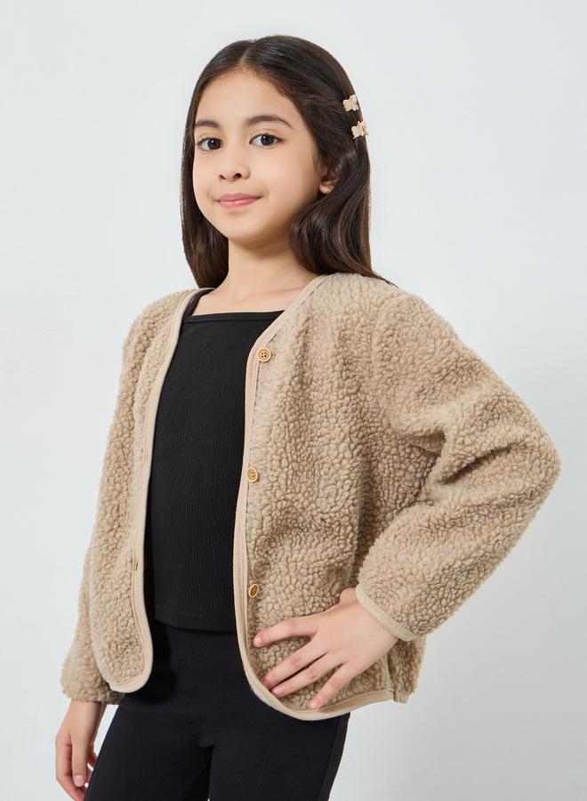 Styli Girls Khaki Fleece Cardigan - Image 1