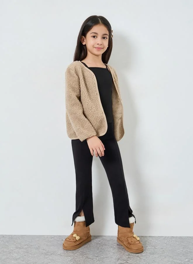 Styli Girls Khaki Fleece Cardigan