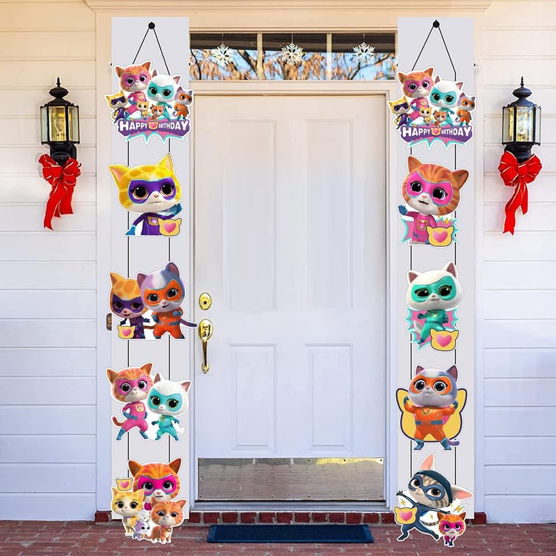 BNFUO 2pcs Super Cats Porch Sign Door Hanging Banner, Cute Animal Birthday Party Supplies for Kids Party Wall Decorations - Image 1