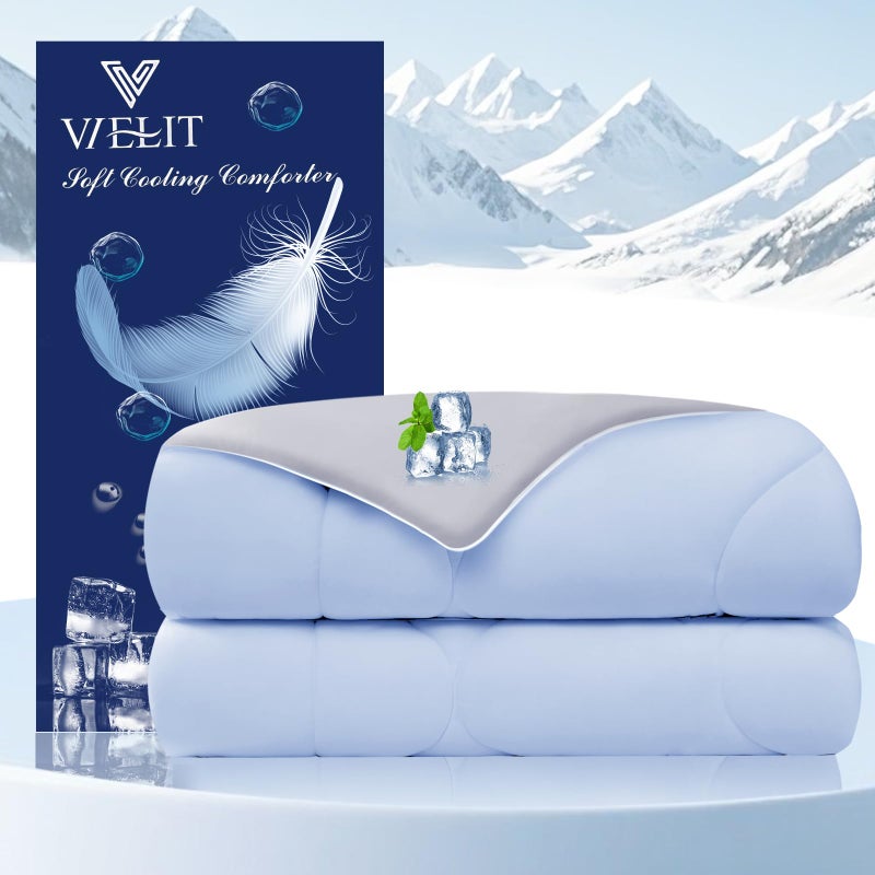Vielit Cooling Comforter Queen Size for Hot Sleepers and Night Sweats, Luxury Lightweight Summer Comforter, Soft Double Sided Breathable Cooling Blankets,Q-Max>0.425,Machinewashable,90x90,Grey Blue - Image 1