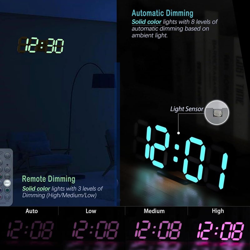 KOSUMOSU ساعة رقمية LED بنيون بحجم 9.7 بوصة، ساعة ألعاب سوداء بألوان RGB، ساعة حائط LED لغرفة المعيشة أو المكتب، شاشة كبيرة، ساعة جميلة لغرفة النوم، مزودة بجهاز تحكم عن بعد، تعرض أرقام ملونة بألوان قوس قزح. - Image 4
