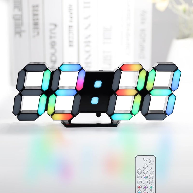 KOSUMOSU ساعة رقمية LED بنيون بحجم 9.7 بوصة، ساعة ألعاب سوداء بألوان RGB، ساعة حائط LED لغرفة المعيشة أو المكتب، شاشة كبيرة، ساعة جميلة لغرفة النوم، مزودة بجهاز تحكم عن بعد، تعرض أرقام ملونة بألوان قوس قزح. - Image 1