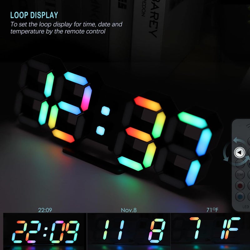 KOSUMOSU ساعة رقمية LED بنيون بحجم 9.7 بوصة، ساعة ألعاب سوداء بألوان RGB، ساعة حائط LED لغرفة المعيشة أو المكتب، شاشة كبيرة، ساعة جميلة لغرفة النوم، مزودة بجهاز تحكم عن بعد، تعرض أرقام ملونة بألوان قوس قزح. - Image 5