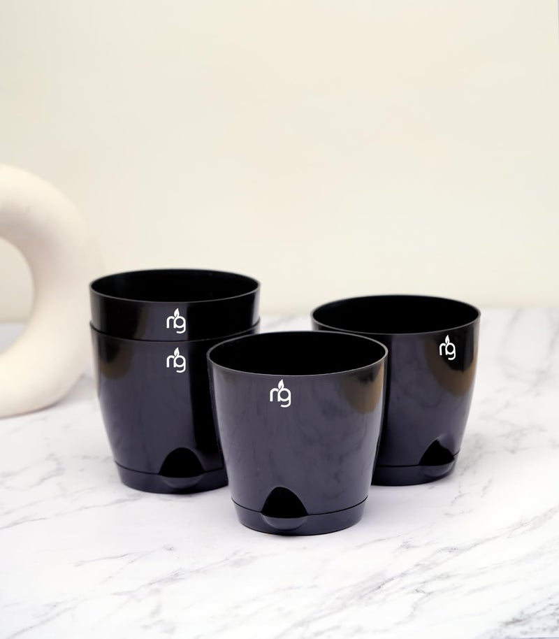 Nurturing Green® Combo of 4 Self Watering Flower Pots for Plants | Plastic Plant Pots | Planter Pots for Home, Indoor Living Room,Garden (Color: Black, Size: 11.5cm x 11cm Each) - Image 1