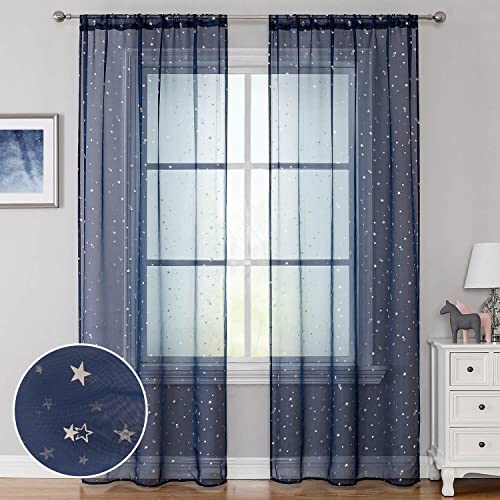 WUBODTI Navy Blue Star Sheer Curtains for Kids Room Nursery 63 Inch Length，Sparkly Star Printed Semi Sheer Boys Bedroom Curtains Rod Pocket Light Filtering Gauze Small Curtain Drapes 2 Panels - Image 2