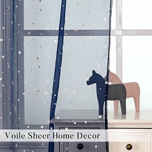WUBODTI Navy Blue Star Sheer Curtains for Kids Room Nursery 63 Inch Length，Sparkly Star Printed Semi Sheer Boys Bedroom Curtains Rod Pocket Light Filtering Gauze Small Curtain Drapes 2 Panels - Image 4