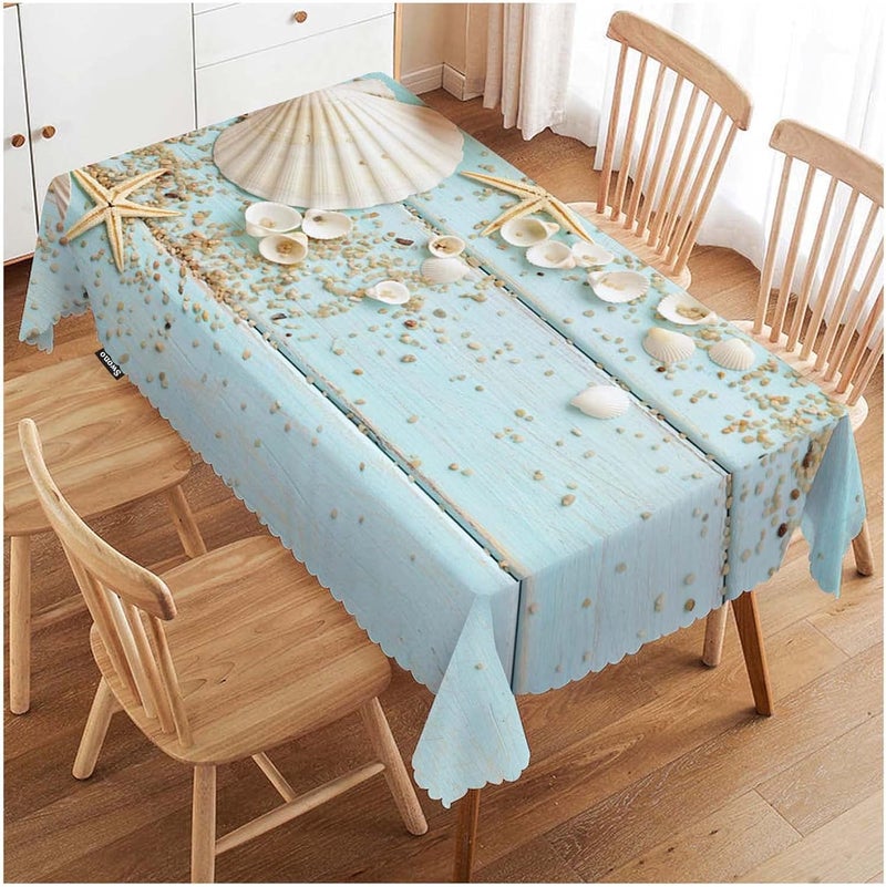 Swono Seashells Tablecloth Ocean Sand Starfish Seashells On Wooden Decorative Table Cover for Kitchen Dinner Room Party Banquet and Holiday Tablecloth 52x70 Inch46 Seats - Image 1