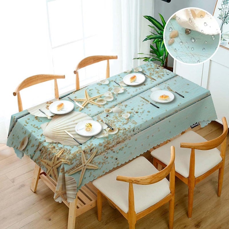 Swono Seashells Tablecloth Ocean Sand Starfish Seashells On Wooden Decorative Table Cover for Kitchen Dinner Room Party Banquet and Holiday Tablecloth 52x70 Inch46 Seats - Image 3