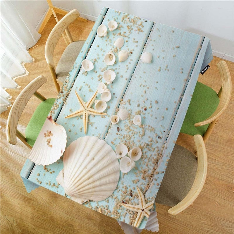 Swono Seashells Tablecloth Ocean Sand Starfish Seashells On Wooden Decorative Table Cover for Kitchen Dinner Room Party Banquet and Holiday Tablecloth 52x70 Inch46 Seats - Image 2