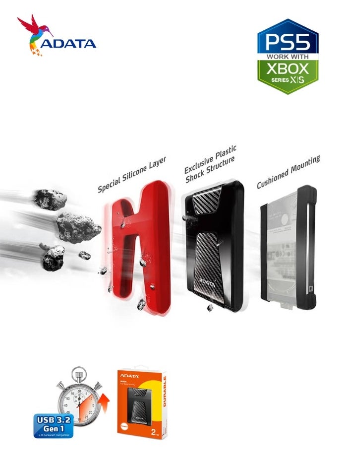 ADATA - HD650 DURABLE 2TB External HDD | Anti-Shock Hard Drive | Compatible with PS5 XBOX | Black - Image 1