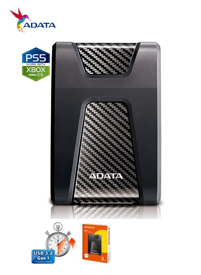 ADATA - HD650 DURABLE 2TB External HDD | Anti-Shock Hard Drive | Compatible with PS5 XBOX | Black - Image 1