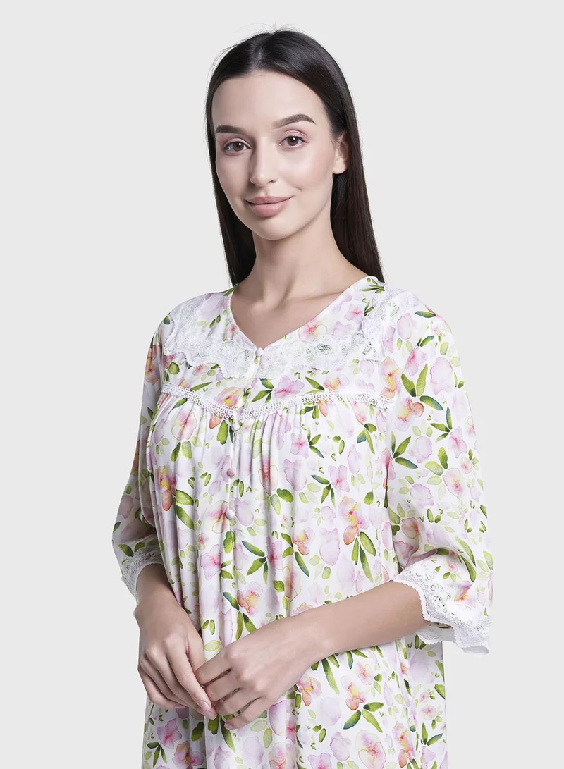 كشخة Rose Pink Floral Print Rayon Long Nightwear Dress (CNH483)