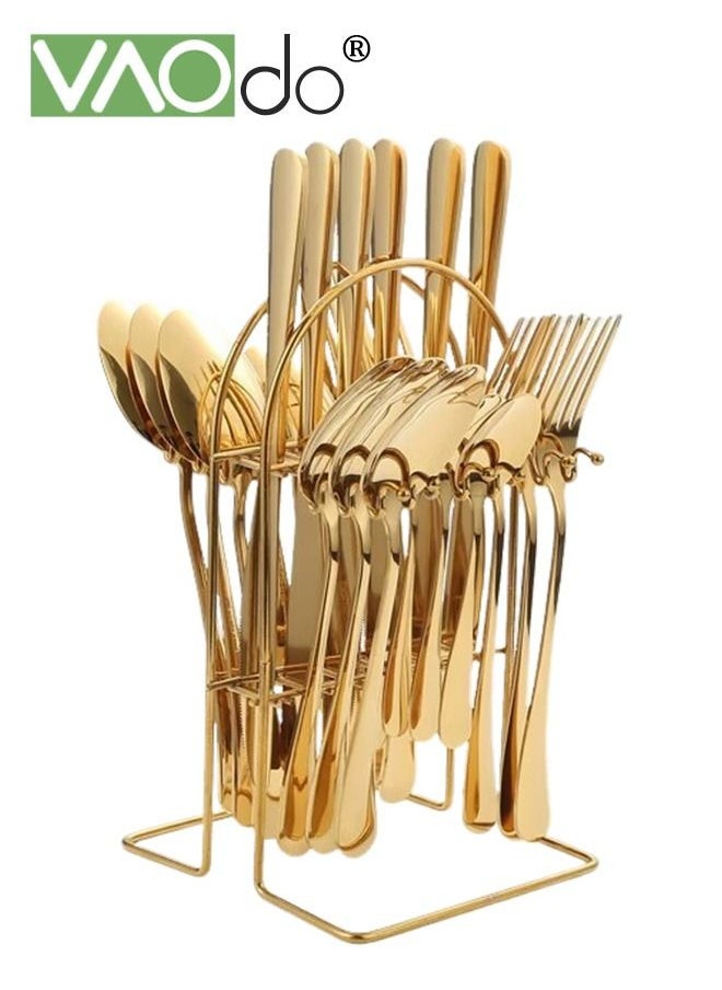 VAOdo 24PCS Tableware Set with Silverware Holder Stainless Steel Flatware Set Spoons Forks Knives,Utensils Set Service for 6 Mirror Polished Flatware Set Gold  - Image 1
