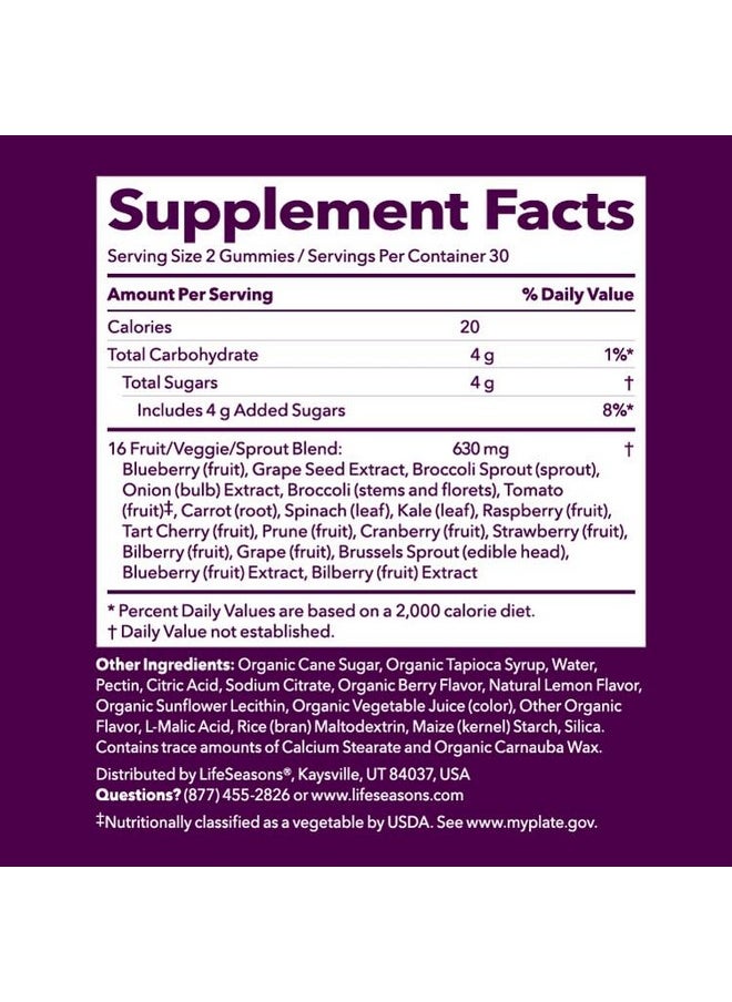 LifeSeasons - LifeSeasons Fruit & Veggie Gummy Supplement - 16 Fruits Vegetables & Sprouts - Vitamins Minerals & Antioxidants - Nutritional Support for Immunity & Wellness - 3X More Potent - 60 Gummies - Image 1