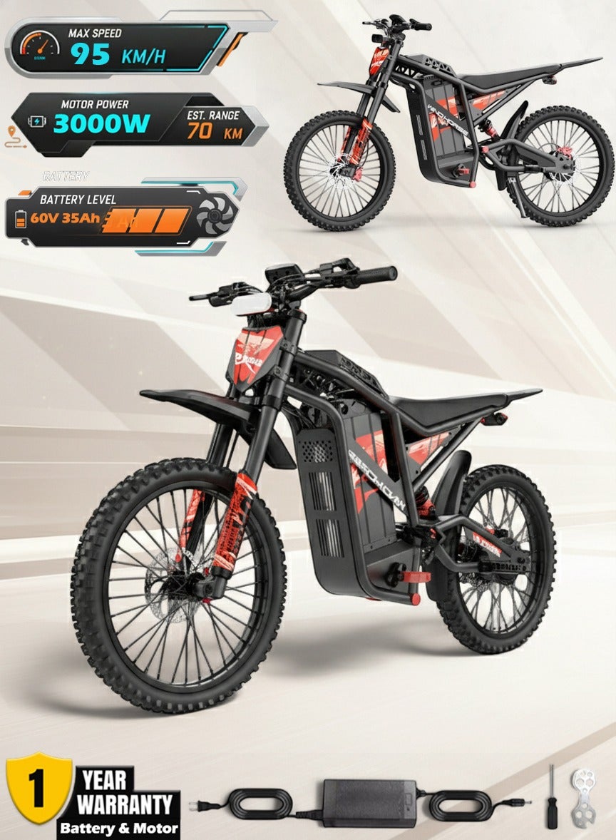 Y1 Electric Dirt Bike 3000W, 95KM/H Speed, 60V 35Ah Removable Battery, 70KM Range, Carbon Alloy Frame, 19x3 Inches Off-Road Tires, Dual Suspension