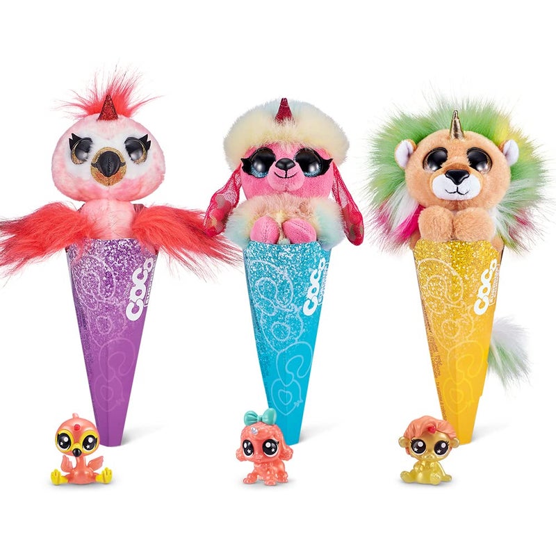 COCO Surprise Rainbocorns Coco Surprise Fantasy Series 1 (3 Pack) Version 2 by ZURU Animal Plush Toys with Baby Collectible Surprise in Cone, Animal Toy for Girls and Kids (Flamingo, Poodle, Lion),Multi-Color - Image 1