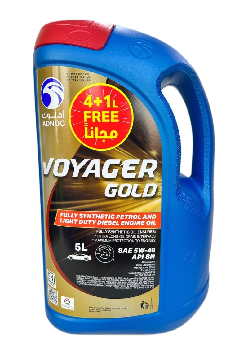ADNOC 5W-40 Fully Synthetic Voyager Gold Petrol & Light Duty Diesel Engine Oil 4Ltr + 1Ltr (Promo Pack) - Image 1